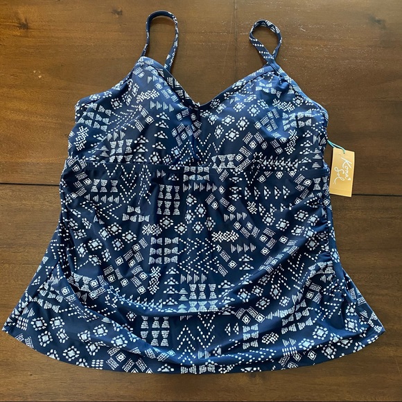 Plus Size Shirred Tankini Top -Navy Blue Geometric - Picture 2 of 11